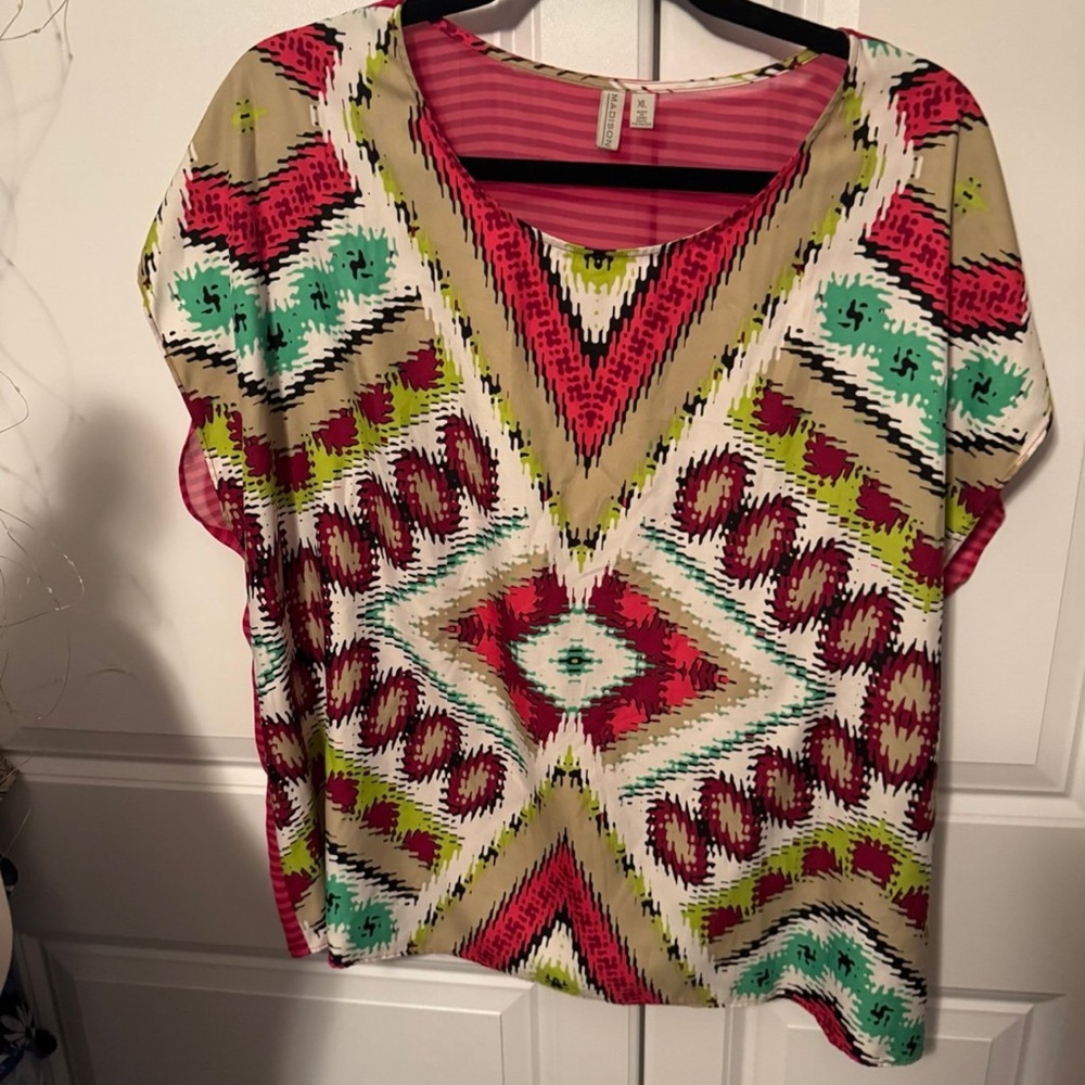 Madison Red and Green Boxy Graphic Blouse